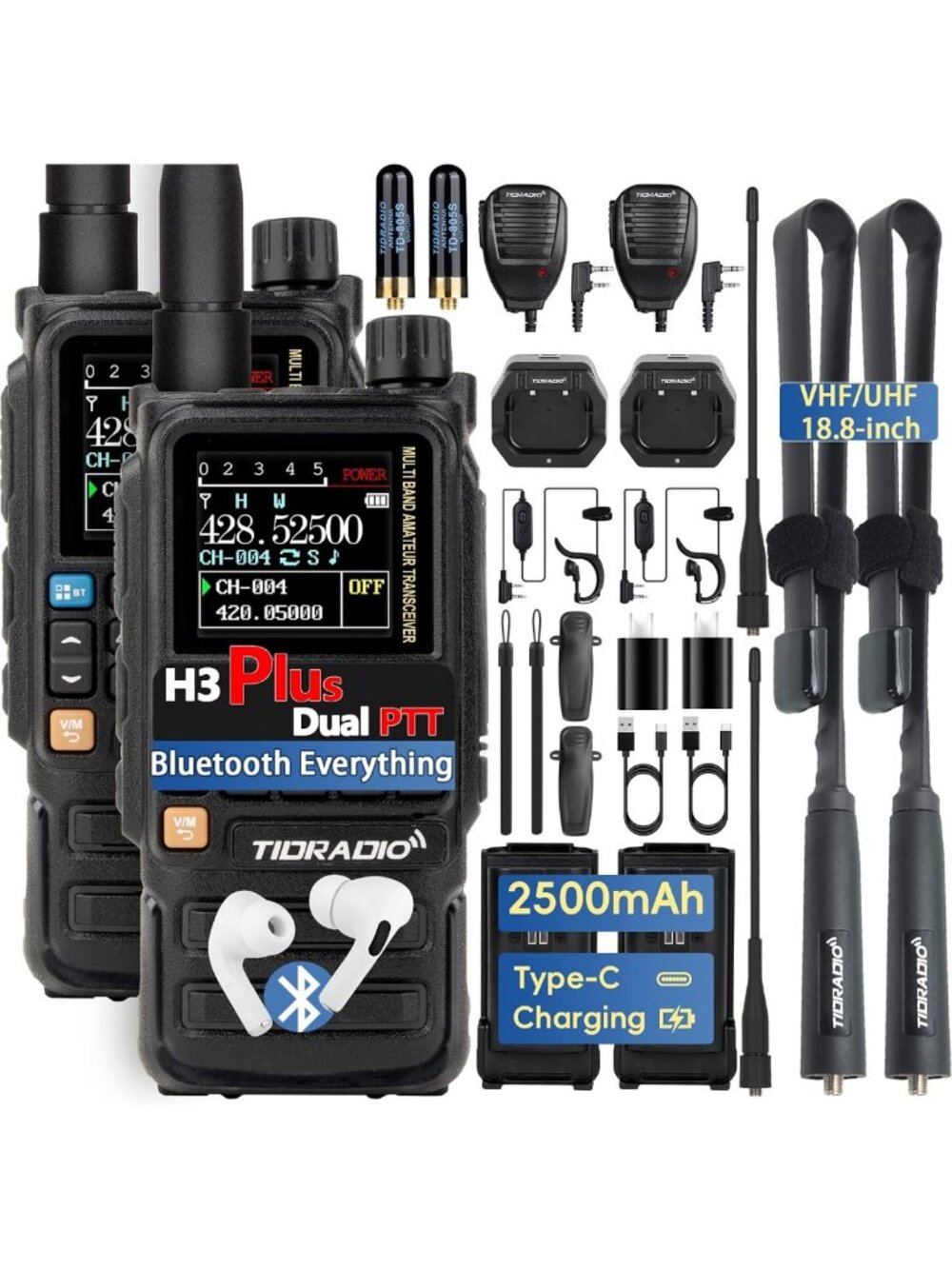 Bluetooth Ham Radio Handheld Walkie Talkie - 8-Band Long Range, NOAA Weather